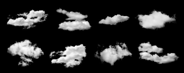 逼真的孤立云朵，置于黑色背景上，非常适合天空替换和平面设计项目。高分辨率的蓬松云朵，边缘柔和，适用于照片合成和特效。图片下载