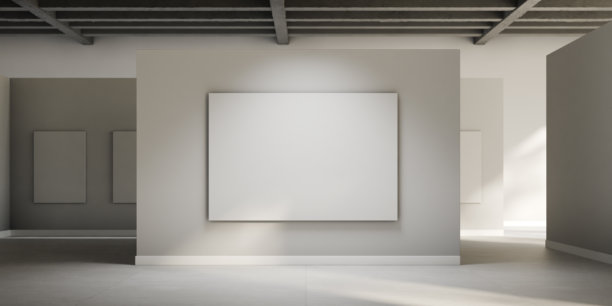 空荡的画廊展厅内部。白色房间墙壁背景上的空白图片。模型设计。3D渲染。图片下载