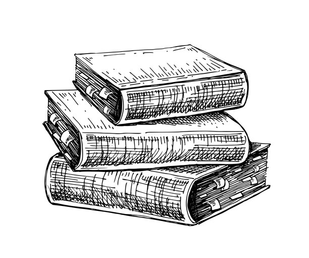古老蚀刻手绘素描风格的带书签的书堆矢量插画。古老书籍。教科书堆。教育概念。手绘草图。文学阅读符号，学习和教育图标图片下载