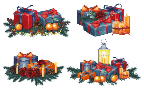 手绘蓝色、红色、橙色圣诞礼物盒套装。水彩插画。图片下载