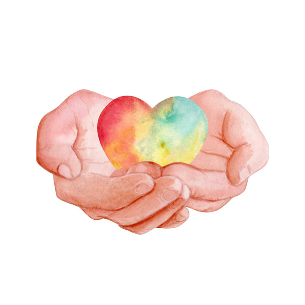 温柔的水彩手捧在一起。优雅的手绘剪贴画，孤立在白色背景上，非常适合慈善设计、健康品牌、标志、卡片和励志项目。关怀、支持和给予图片下载