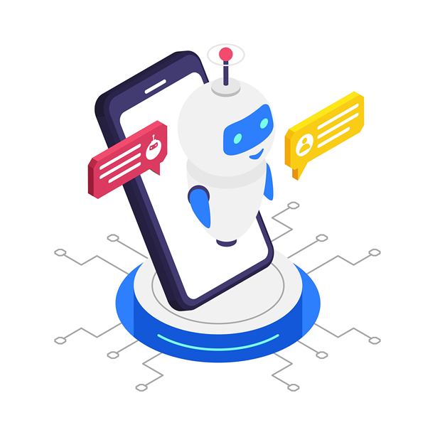 智能手机聊天机器人等距矢量插画图片下载