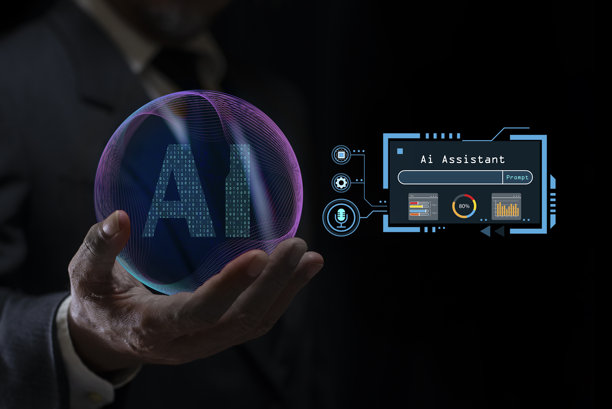 商人手持数字人工智能助手界面，虚拟屏幕上显示生成式人工智能工具。智能助手支持人类任务。科技概念。图片下载
