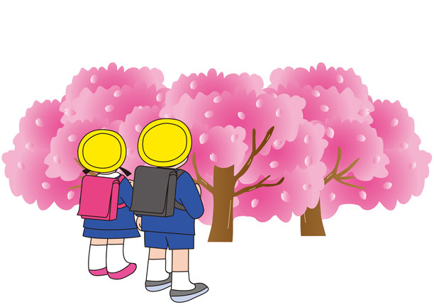 背着书包的小男孩和小女孩背影，望着盛开的樱花树图片下载