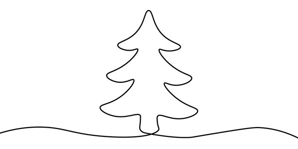 手绘圣诞树单线条画，透明背景。连续单线条艺术。描边可编辑。最适合冬季、新年或圣诞节设计。PNG和矢量插画图片下载