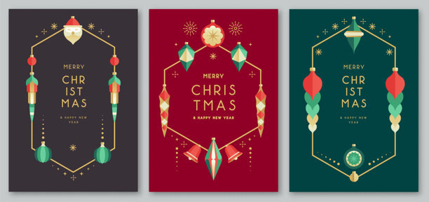 一套圣诞节日扁平化边框，包含圣诞树玩具、装饰球、小摆设和装饰品。圣诞贺卡设计。矢量插画。图片下载