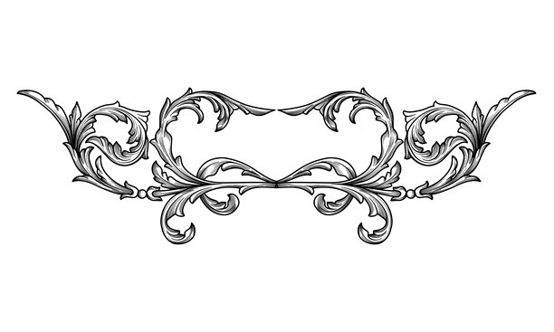 矢量插画：复古花卉巴洛克装饰图案边框设计。古典唐草维多利亚风格阿拉伯卷草纹饰。手绘卷花雕刻装饰。图片下载