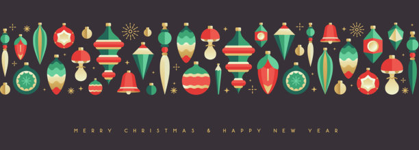 节日圣诞海报或横幅，包含树玩具、装饰球、小摆设、松果和装饰品。圣诞贺卡设计。矢量插画。图片下载