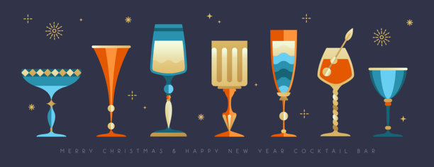 一套节日圣诞节和新年鸡尾酒及香槟酒杯，孤立在深色背景上。矢量插画图片下载