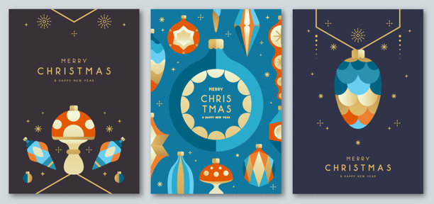 圣诞假日扁平海报集，包含圣诞树玩具、装饰球、小摆设和装饰品。圣诞贺卡设计。矢量插画。图片下载