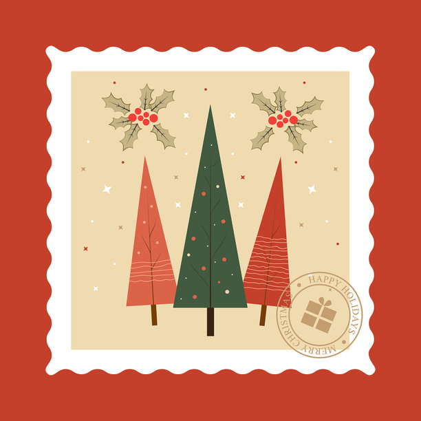 三棵风格化的圣诞树邮票矢量图，饰有冬青，复古假日插画，适用于贺卡和包装设计图片下载