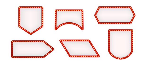 一套带有灯泡的复古白红色灯箱箭头和标牌，用于演艺广告宣传图片下载