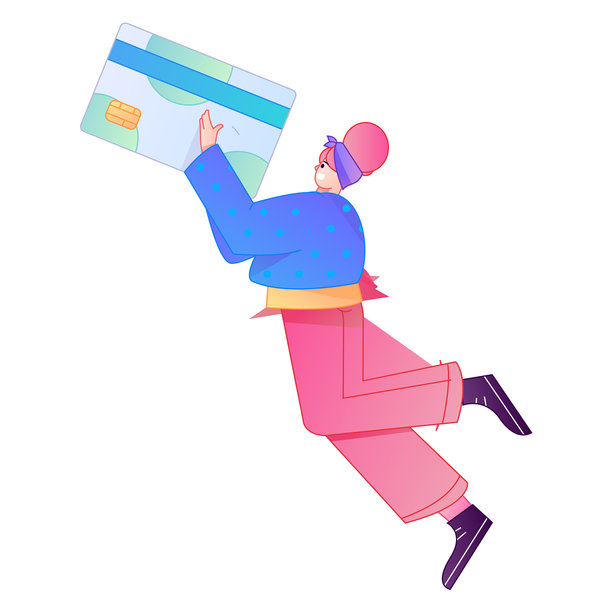 矢量渐变插画，描绘一个角色持信用卡进行金融支付的场景。图片下载