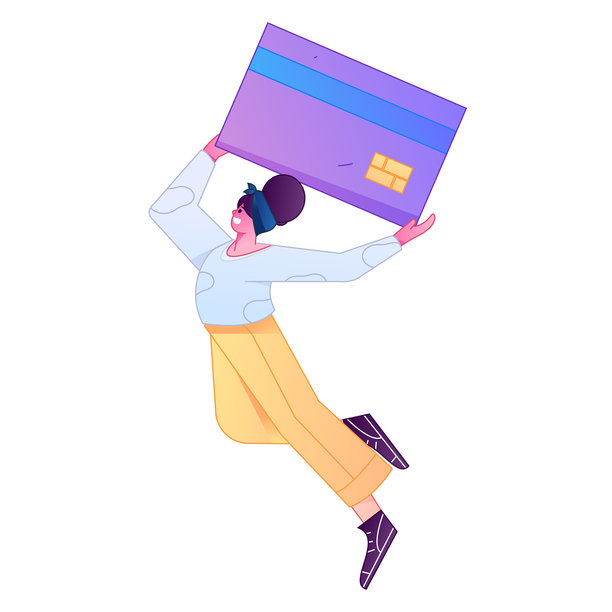 矢量渐变插画，描绘一个角色手持信用卡进行金融支付的场景。图片下载