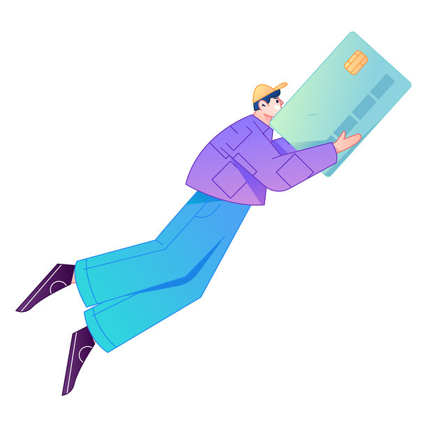 矢量扁平渐变插画，描绘了一个角色正用信用卡进行金融支付。图片下载