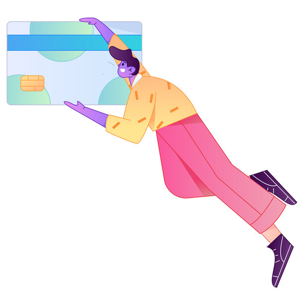 矢量渐变插画，描绘了一个角色手持信用卡进行金融支付的场景。图片下载