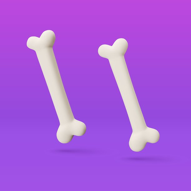 3D白色骨头，用于万圣节装饰，狗骨饼干零食，医疗健康概念。矢量插画，孤立在紫色背景上图片下载