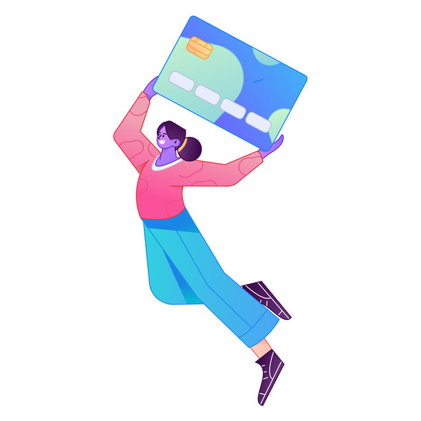 矢量渐变插画，描绘了一个角色正持信用卡进行金融支付的场景。图片下载