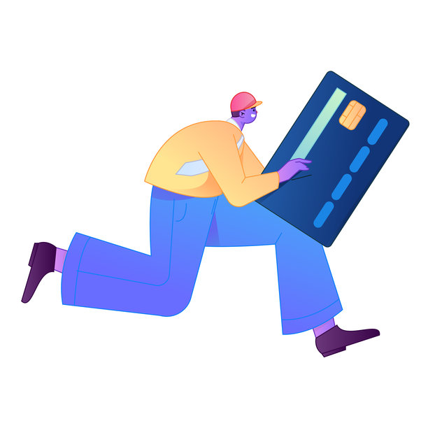 矢量渐变插画，描绘一个角色持信用卡进行金融支付的场景。图片下载