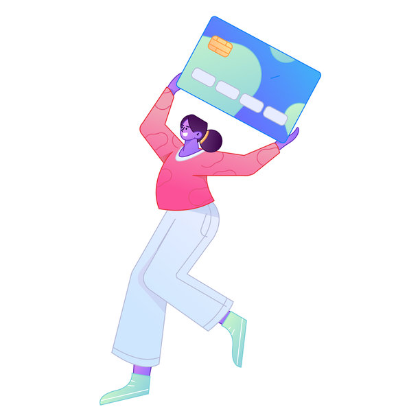 矢量渐变插画，描绘一个角色正持信用卡进行金融支付。图片下载