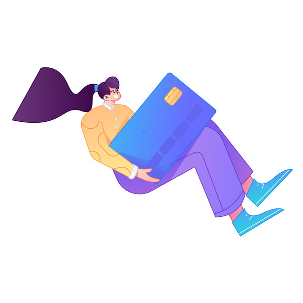 矢量渐变插画，描绘一个角色持信用卡进行金融支付的场景。图片下载