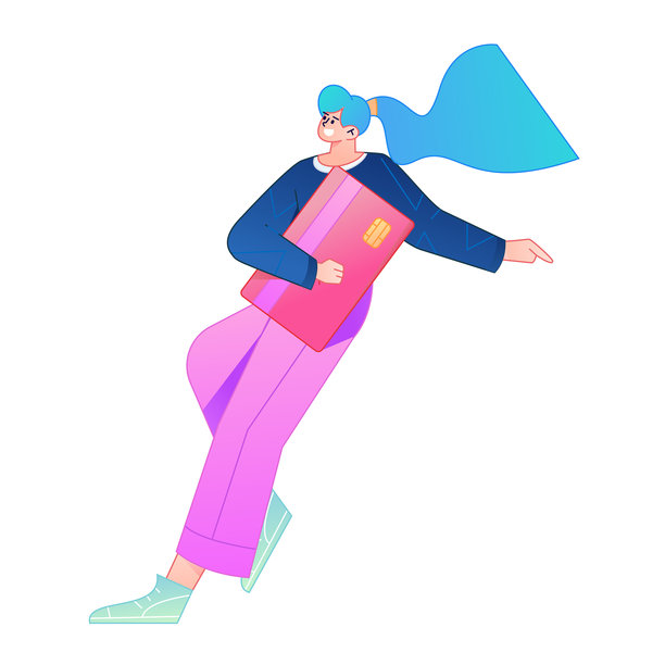 矢量扁平渐变插画，描绘一个角色手持信用卡进行金融支付的场景。图片下载