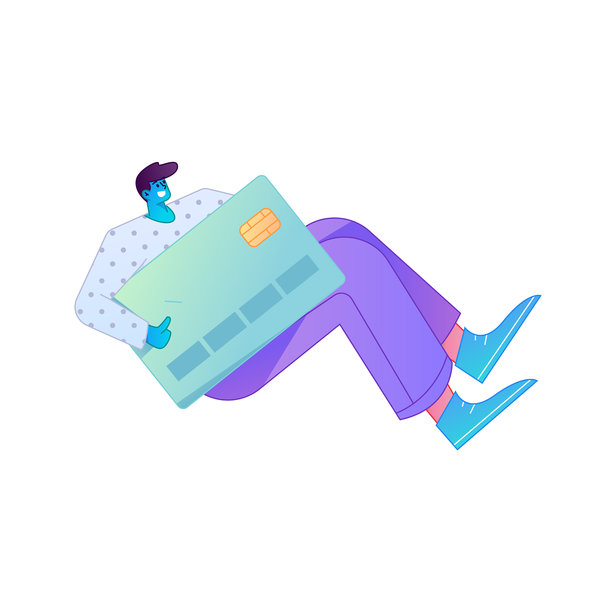 矢量扁平渐变插画，描绘一个角色持信用卡进行财务支付的场景。图片下载