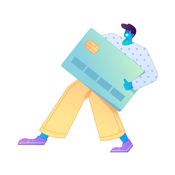 矢量扁平渐变插画，描绘一个角色持信用卡进行财务支付的场景。图片下载