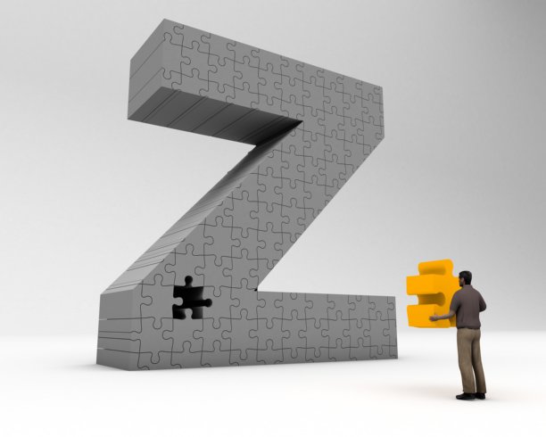 字母Z拼图3D插画，一个人拿着缺失的碎片图片下载