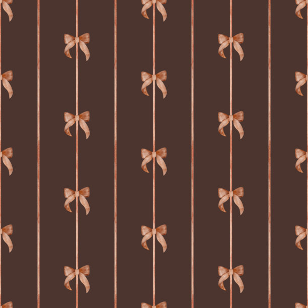 带有垂直条纹、线条的复古红色蝴蝶结丝带图案。儿童风格的手绘水彩插画。适用于圣诞包装、织物、婴儿房墙纸的深棕色背景印花。图片下载