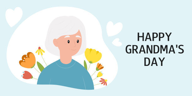 祖母节快乐。横幅问候卡，包含微笑的祖母形象和鲜花。图片下载