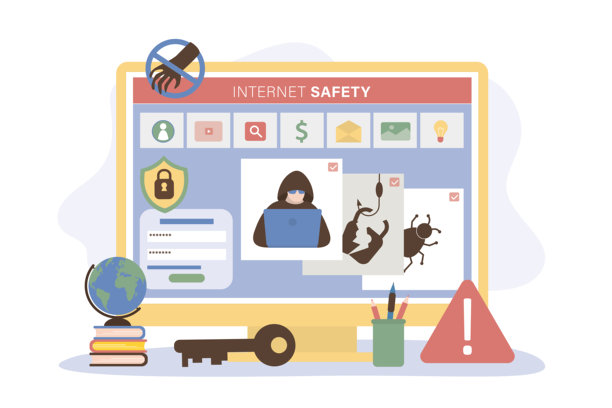 孩子的电脑通过互联网被黑客入侵。账号被盗、诈骗、在线密码和信息盗窃。防病毒软件和家长控制有助于防止网络犯罪。图片下载