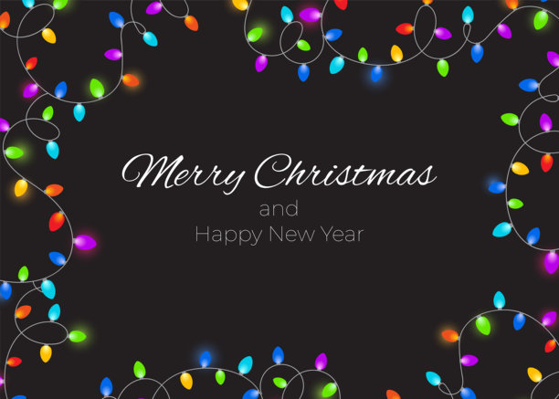 彩色的圣诞串灯在黑色背景上，带有复制空间。圣诞节、装饰、传统和庆祝背景。图片下载