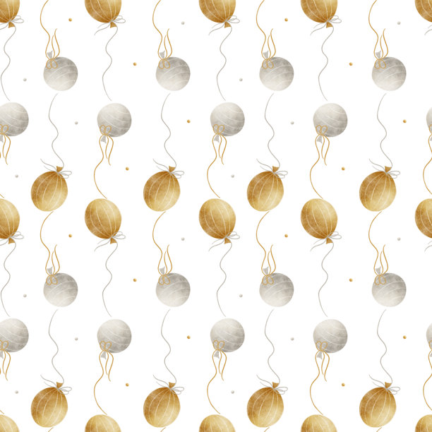 水彩风格的派对气球图案。手绘插画，孤立于背景，复古风格。金色、灰色系的无缝印花，适用于儿童纺织品、包装、服装、婴儿房壁纸。图片下载