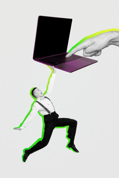 海报趋势草图模板，巨大的手指数码触控技术笔记本电脑虚拟设备，一个年轻男子跳跃悬挂的3D照片拼贴图片下载
