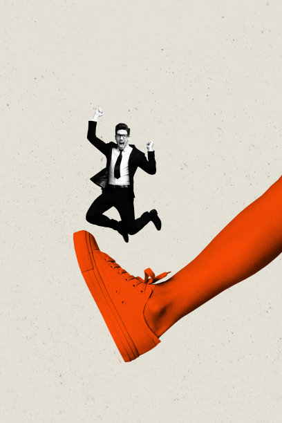 竖版潮流横幅 3D拼贴照片，展示一名震惊的员工，跳跃踢腿，失业、被解雇、经理、无业危机概念图片下载