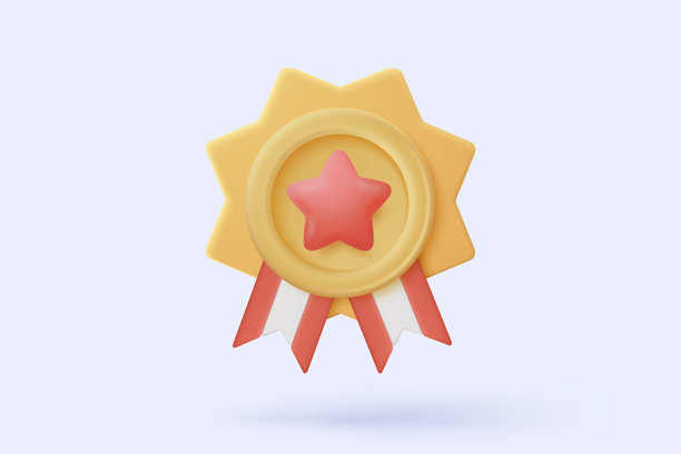 背景为粉黄色，带有星星和绶带的3D胜利奖牌。产品冠军奖的品质保证，卡通简约风格。3D图形奖牌评分图标矢量渲染插画图片下载