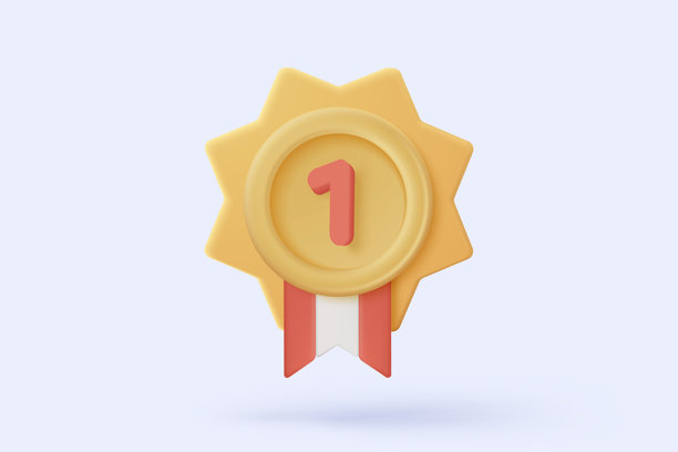 证书上的3D胜利奖牌，带有星星和丝带。卡通极简风格的产品冠军奖品质保证。3D胜利评分图标矢量渲染插画。图片下载
