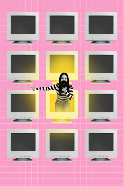 3d横幅潮流照片拼贴：愤怒的女商人在电脑显示器上偷看，假新闻宣传上瘾，社交媒体上用扩音器尖叫图片下载