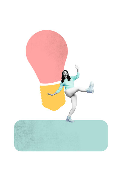 垂直潮流横幅 3D拼贴照片，一位快乐的女商人在灯泡、电力、照明、计划和发现的概念旁站立图片下载