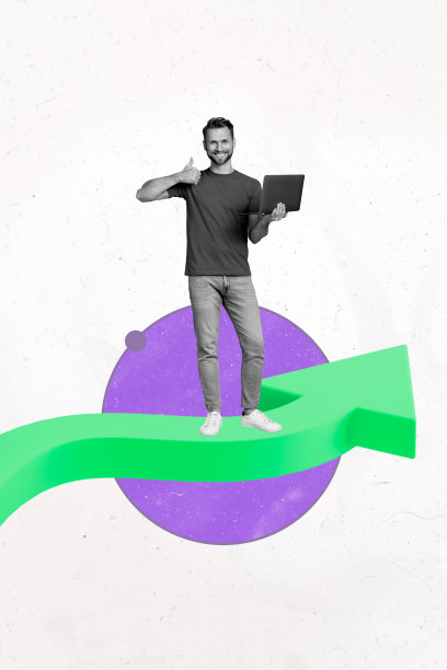 杂志竖版拼贴艺术照片，描绘了一位快乐的女商人和一位男商人收到象征事业晋升的进度统计箭头。图片下载