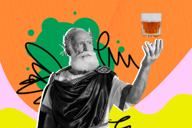 素描设计趋势艺术作品海报拼贴画，一位年长男性，复古风格，古罗马凯撒手持鸡尾酒饮品，放松庆祝饮酒图片下载