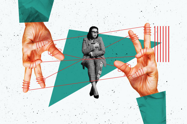 概念海报横幅，三维拼贴照片，一个困惑的女孩坐在老板手中，控制着傀儡，象征剥削、陷阱和独裁图片下载