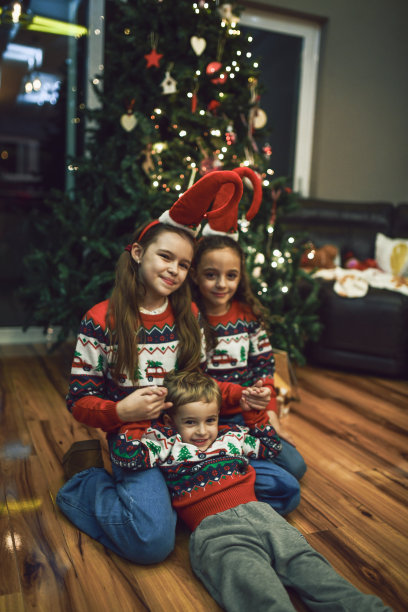 三个穿着配套圣诞毛衣的孩子在节日气氛的圣诞树旁摆姿势，准备拍摄家庭节日照片图片下载