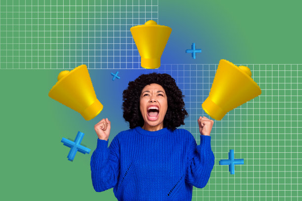 手绘艺术海报 3D 横幅拼贴：快乐的女孩站着，带有铃铛通知、截止日期表情符号、通信和聊天图标图片下载