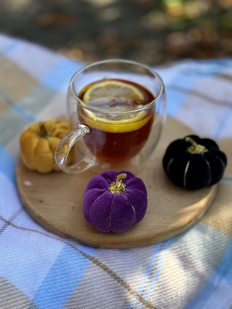 秋季柠檬茶与装饰南瓜的照片图片下载