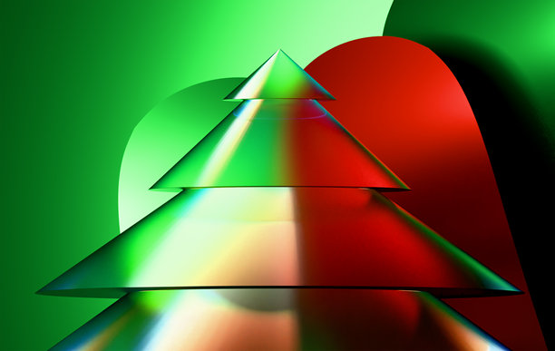 现代简约圣诞树插画，采用分层三角形，呈现鲜艳的绿到红色彩过渡效果图片下载