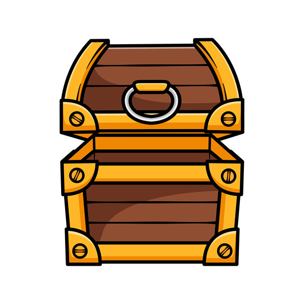 可爱的卡通宝箱矢量图，粗线条，色彩鲜明。木质宝箱带有金色点缀，非常适合游戏素材、图标、奇幻主题和海盗元素。图片下载