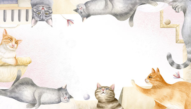 猫咪横幅水彩画框，孤立插图。手绘宠物模板，留有复制空间。有趣的橘色和灰色家猫以各种姿势呈现，配有宠物背包和玩具。图片下载