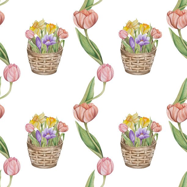 复活节花卉节日传统装饰元素套装。水彩插画。彩蛋、蝴蝶结、春季花园花卉和篮子。用于花束、花环、明信片、祝福的复活节装饰套装。图片下载